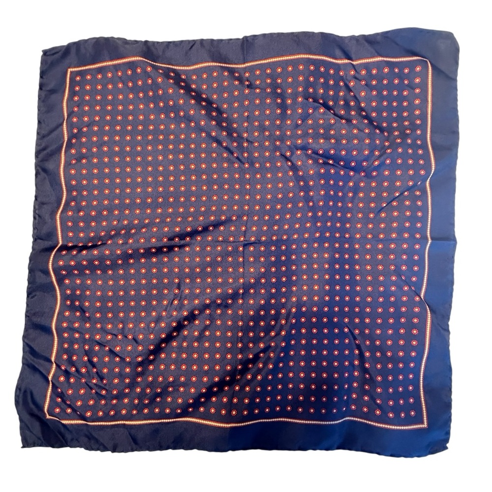 Saks Fifth Avenue Navy and Orange Dot Pocket Square
